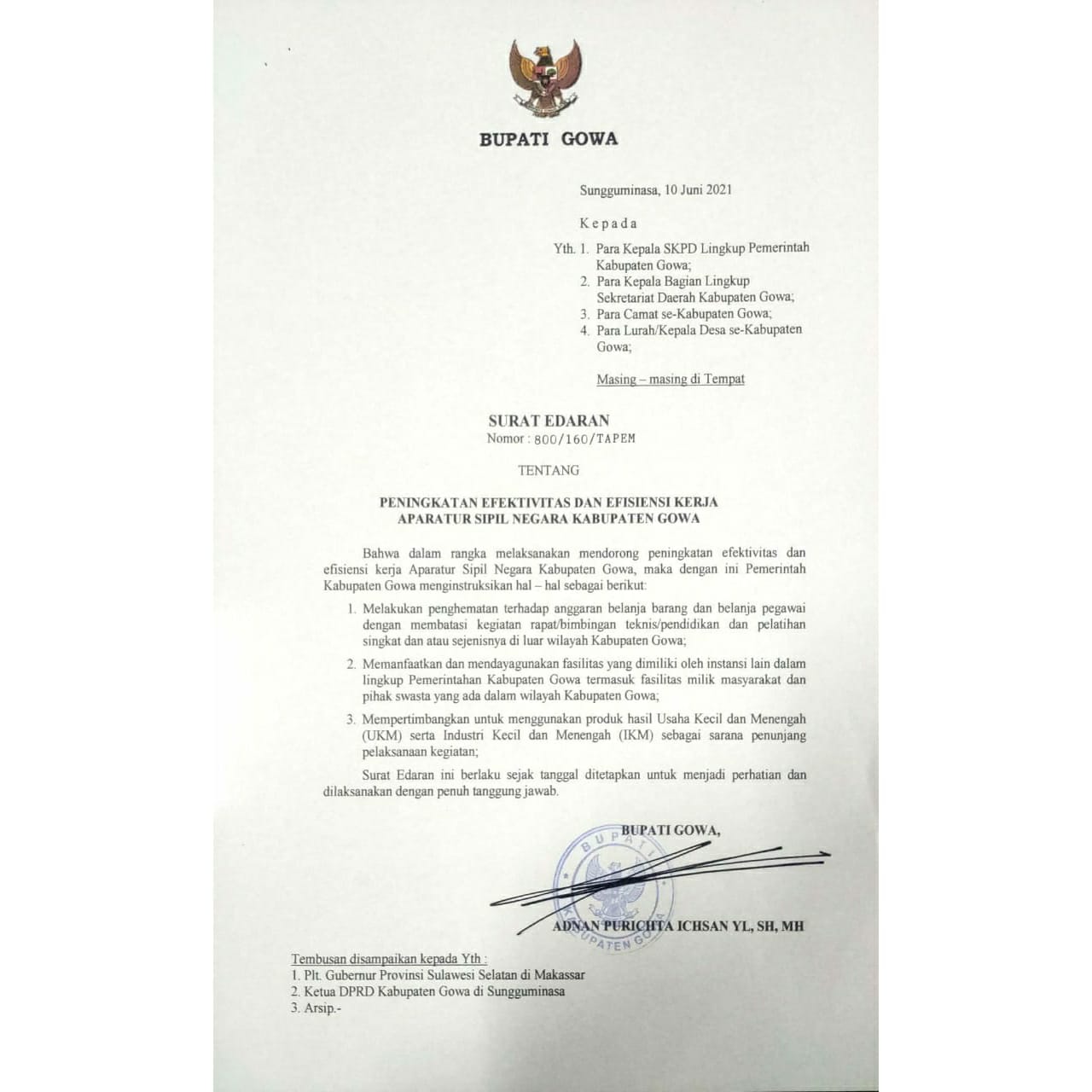 Bupati Adnan Keluarkan Surat Edaran Terkait Larangan Kegiatan SKPD di Luar Wilayah Kabupaten Gowa